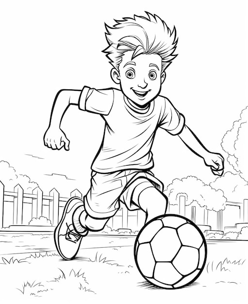 Un niño de dibujos animados está jugando al fútbol con una pelota.