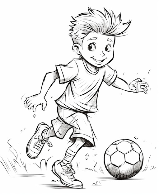 Un niño de dibujos animados está jugando al fútbol con una pelota.