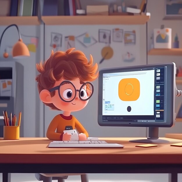 Un niño de dibujos animados feliz trabajando en un programa de computadora