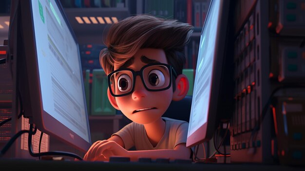 Niño de dibujos animados con gafas mirando la pantalla de la computadora en el cuarto oscuro ai generativo