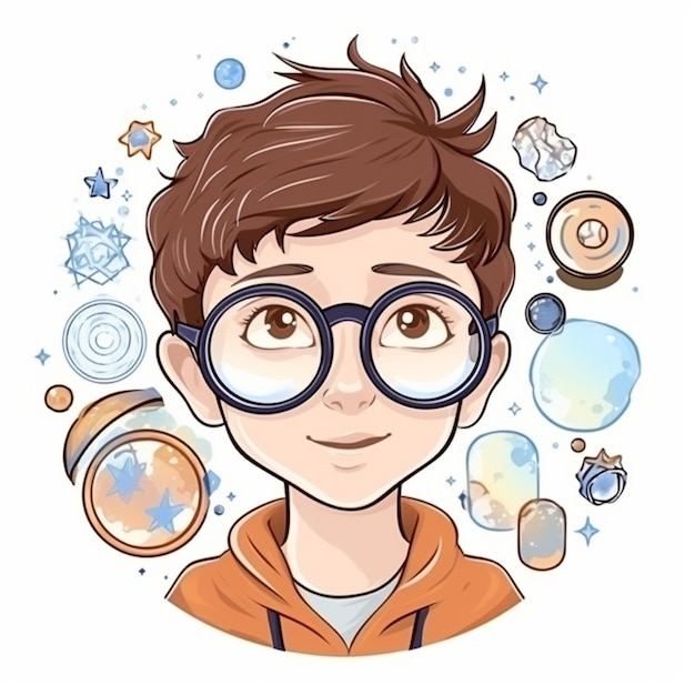 un niño de dibujos animados con gafas y muchas cosas a su alrededor ai generativa