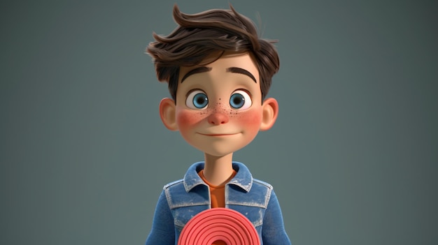 Foto un niño de dibujos animados genial y juguetón en una ilustración de foto 3d con una chaqueta azul de vaqueros de moda sostiene un frisbee listo para una diversión al aire libre