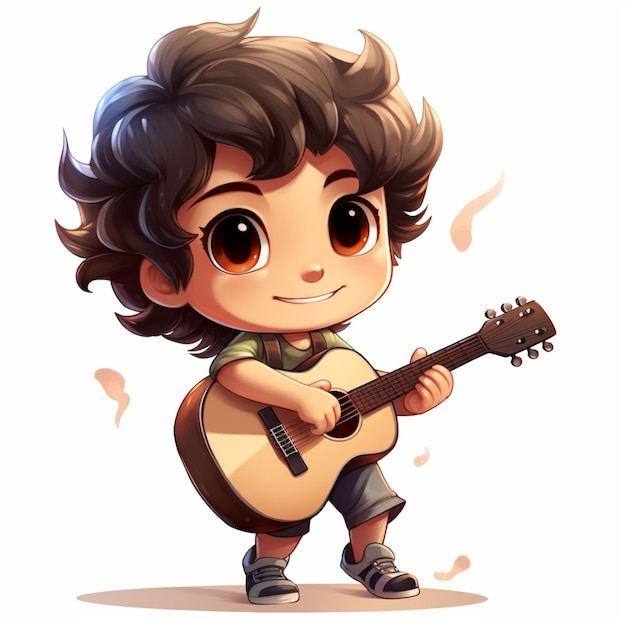 niño de dibujos animados con guitarra y notas musicales generativo ai