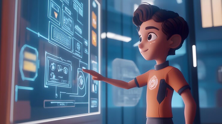 Foto un niño de dibujos animados interactuando con una pantalla digital apuntando a una interfaz circular con su mano derecha