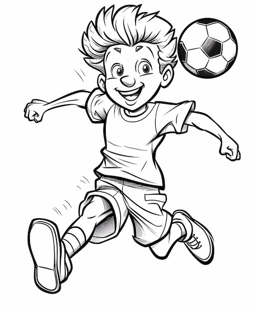 Foto un niño de dibujos animados está jugando al fútbol con una pelota.