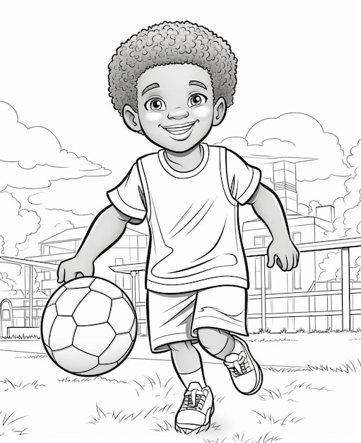 Foto un niño de dibujos animados está jugando al fútbol con una pelota.