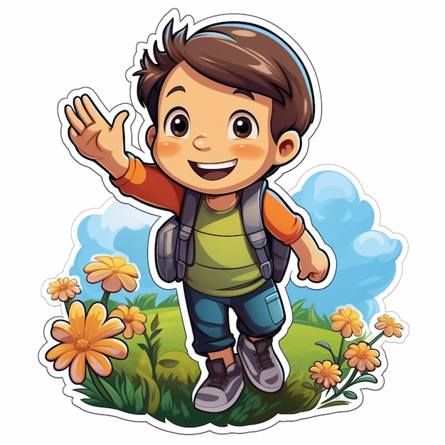 Foto niño de dibujos animados con mochila saludando y flores en el fondo ai generativo