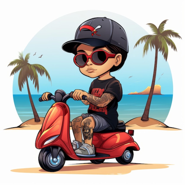 Foto niño de dibujos animados montando una motocicleta retratos de playa e ilustraciones de niños