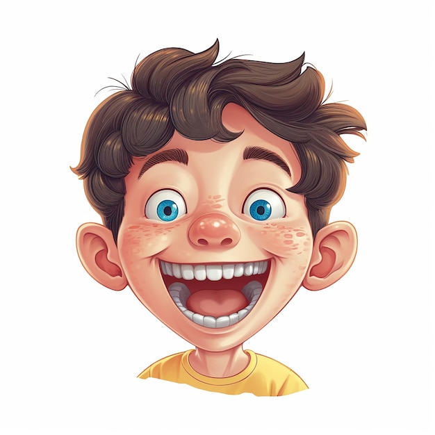 Foto un niño de dibujos animados con pecas y una camiseta amarilla con la palabra sonrisa.