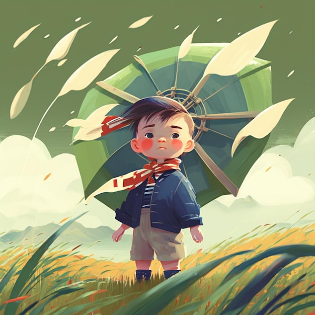 Niño de dibujos animados de pie en un campo con un paraguas y una bufanda generativa ai