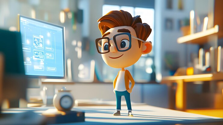 Foto un niño de dibujos animados de pie frente a una computadora en un entorno de oficina en casa