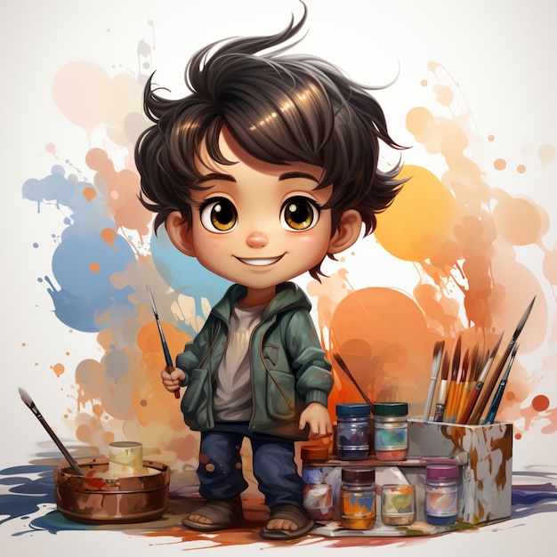 niño de dibujos animados con pincel y latas de pintura de pie frente a una pintura generativa ai