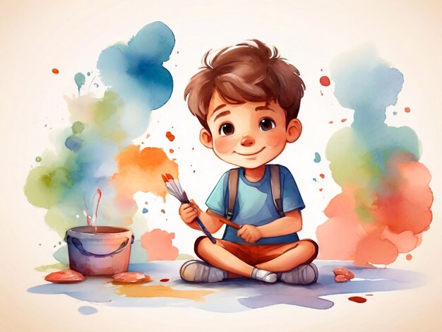 Un niño de dibujos animados pintando una ilustración en acuarela