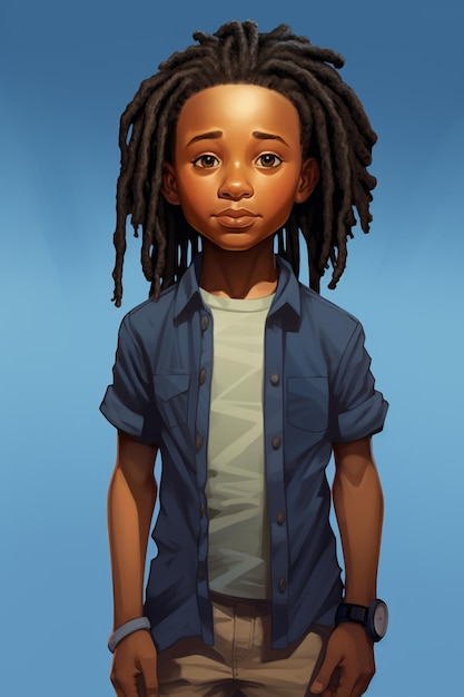 niño de dibujos animados con rastas y una camisa azul de pie frente a un cielo azul generativo ai