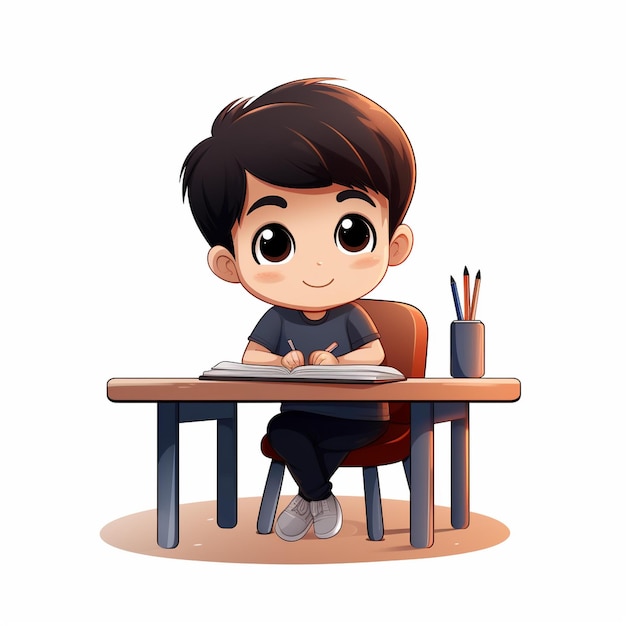 Niño de dibujos animados sentado en un escritorio con un libro y lápices