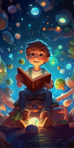 un niño de dibujos animados sentado en una roca leyendo un libro en la noche ai generativo