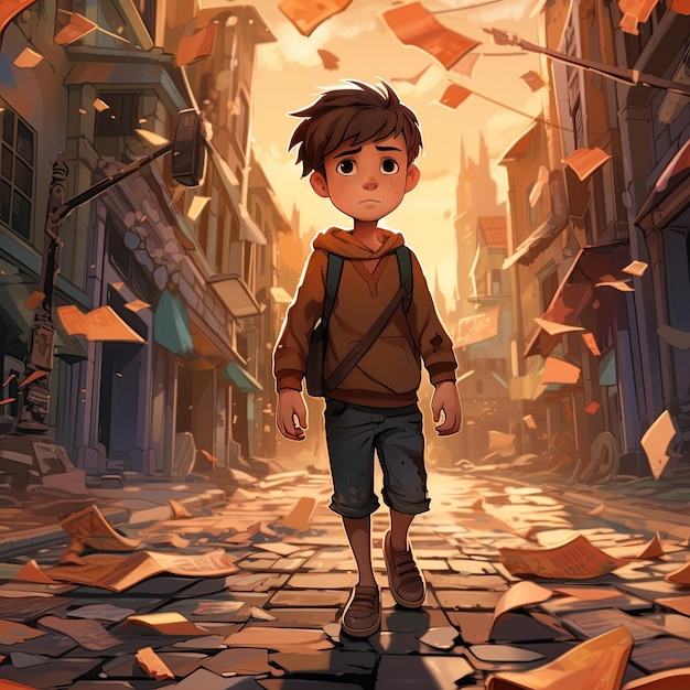 Un niño de dibujos animados solitario caminando solo por la calle con una cara sonriente destruyendo la ciudad. Ilustración de dibuyos animados