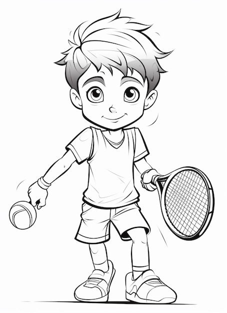 un niño de dibujos animados sosteniendo una raqueta de tenis y una pelota ai generativa