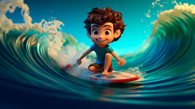 Foto niño de dibujos animados surfeando en la playa