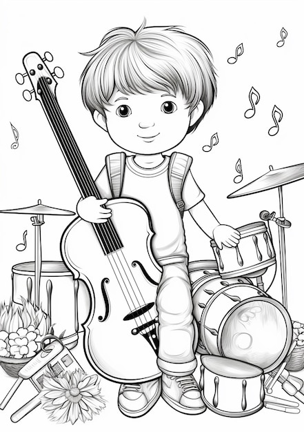 Foto un niño de dibujos animados tocando la guitarra y la batería en un estudio de música generativo ai