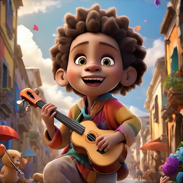 un niño de dibujos animados tocando una guitarra en una calle con una guitarra