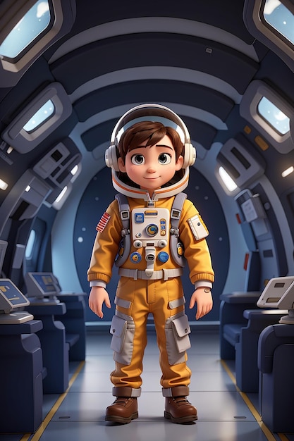 Niño de dibujos animados con traje de astronauta en una nave espacial