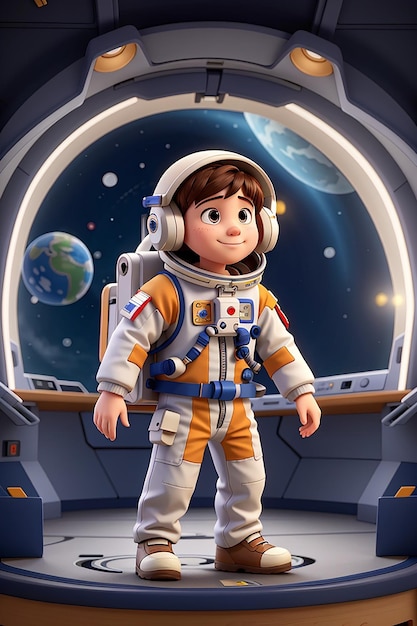 Niño de dibujos animados con traje de astronauta en una nave espacial