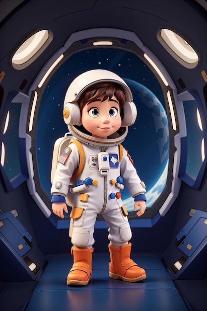 Niño de dibujos animados con traje de astronauta en una nave espacial