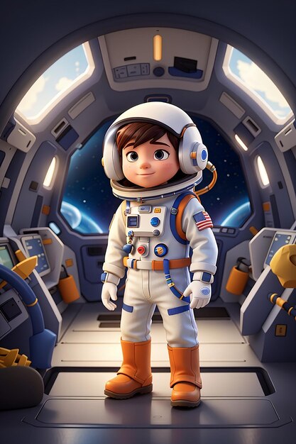 Niño de dibujos animados con traje de astronauta en una nave espacial