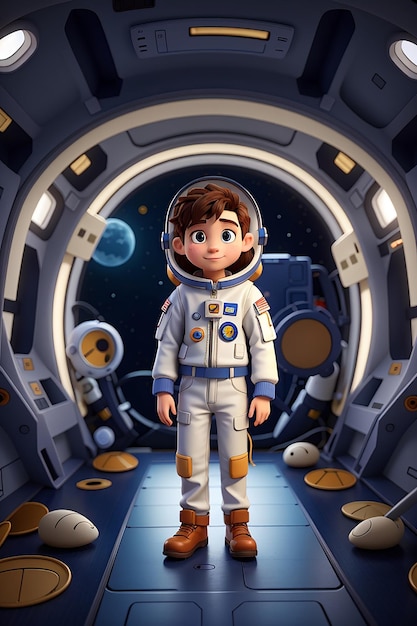 Niño de dibujos animados con traje de astronauta en una nave espacial