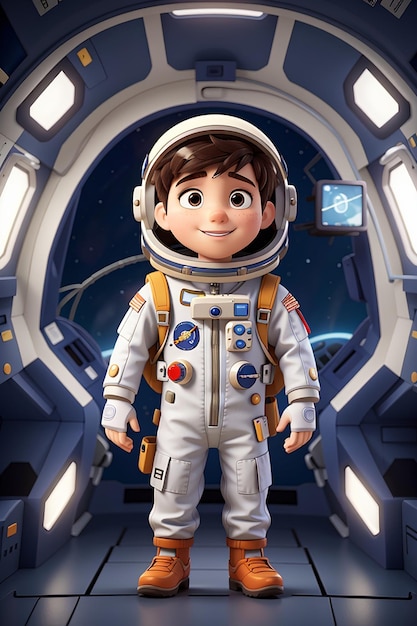 Niño de dibujos animados con traje de astronauta en una nave espacial