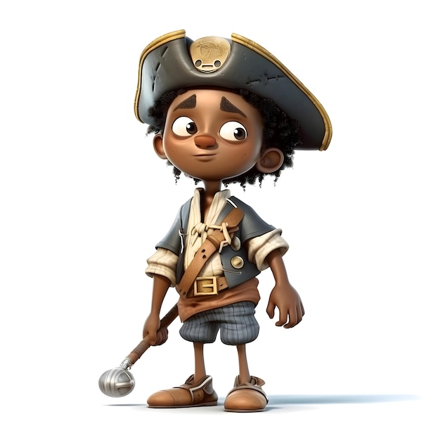 Niño de dibujos animados en traje de pirata sobre fondo blanco 3D rendering