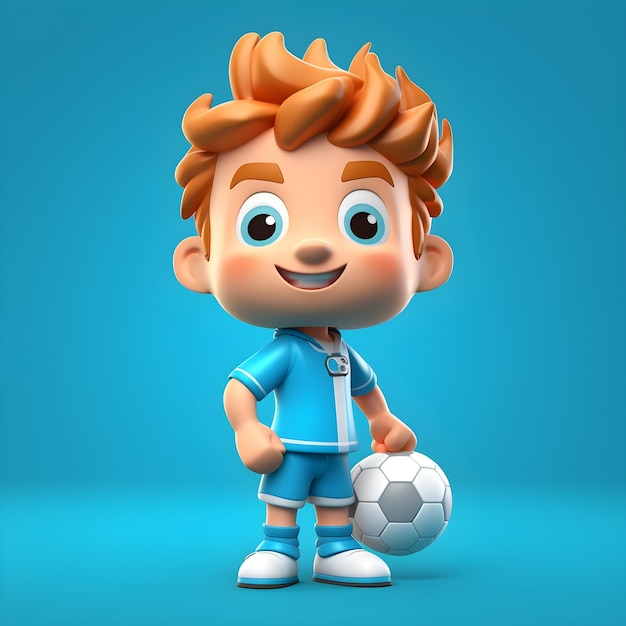 Un niño de dibujos animados con un uniforme de fútbol azul sostiene una pelota de fútbol.