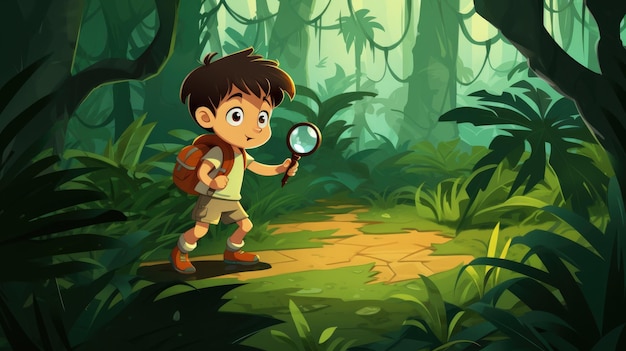 Un niño de dibujos animados vectorial explorando una jungla con una ampliación
