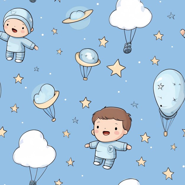 Foto niño de dibujos animados volando en el cielo con globos y estrellas generativ ai