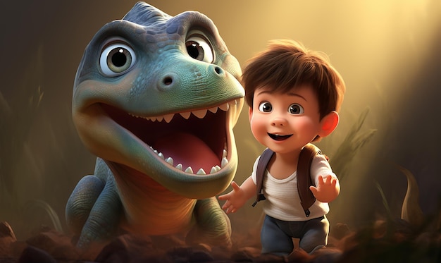 Foto un niño con un dinosaurio y un dinosaurio a su lado