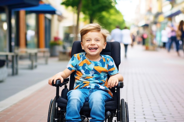 Niño discapacitado feliz abraza el verano urbano