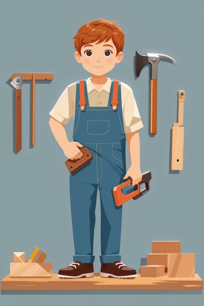 Niño diseño vectorial lindo sencillo Carpenter plano