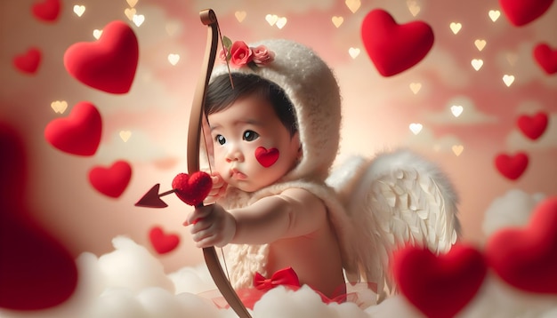 Niño con disfraz de Cupido con flecha de arco dirigida a corazones en fondo pastel con nubes bokeh