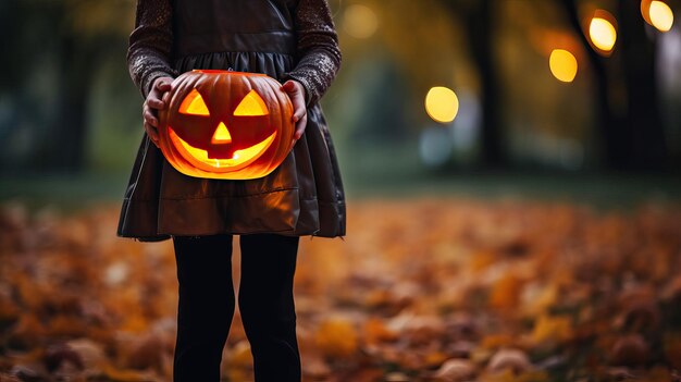 Niño en disfraz de Halloween chica sosteniendo una calabaza jackolantern iluminación en el espacio de copia oscuro