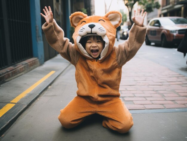 Niño en disfraz de Halloween con una pose lúdica