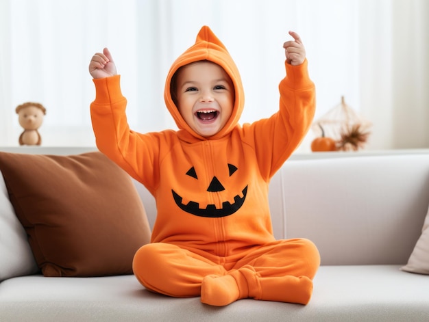 Niño en disfraz de Halloween con una pose lúdica