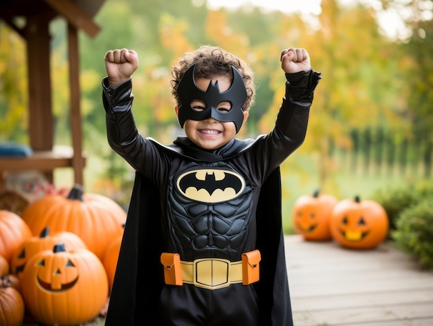 Foto niño en disfraz de halloween con una pose lúdica