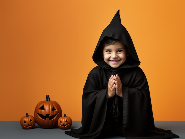 Niño en disfraz de Halloween con una pose lúdica