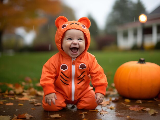 Niño en disfraz de Halloween con una pose lúdica