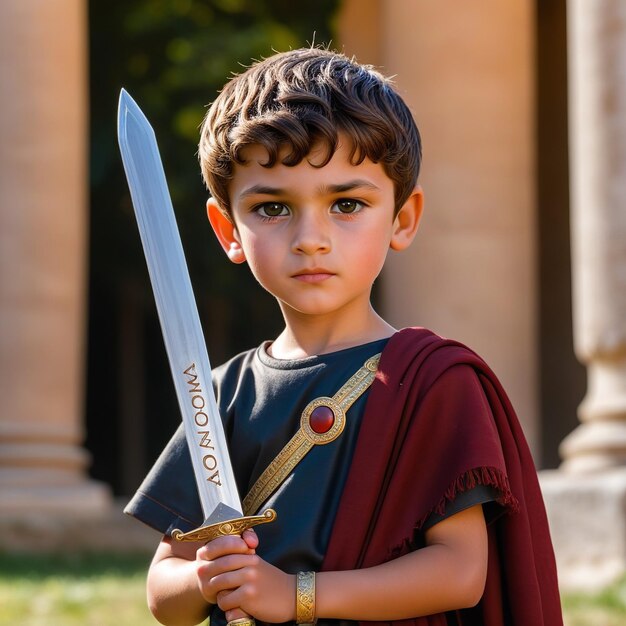 un niño con un disfraz sostiene una espada.