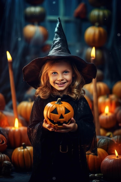 un niño disfrazado de bruja de halloween usa sombrero de bruja sostiene calabaza Jack O Lanterns