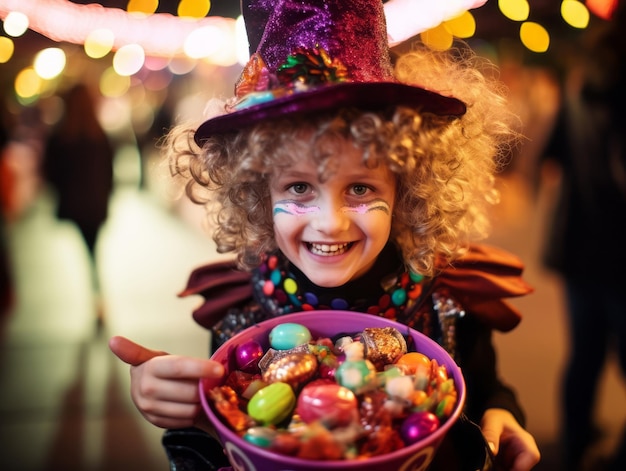 Niño disfrazado de Halloween sosteniendo un plato de dulces con una sonrisa traviesa