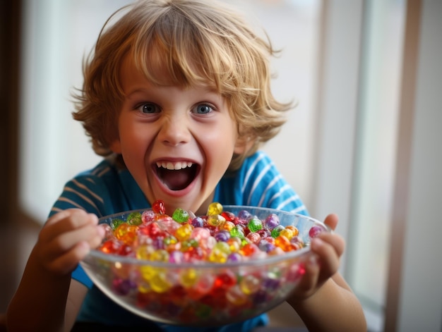 Niño disfrazado de Halloween sosteniendo un plato de dulces con una sonrisa traviesa