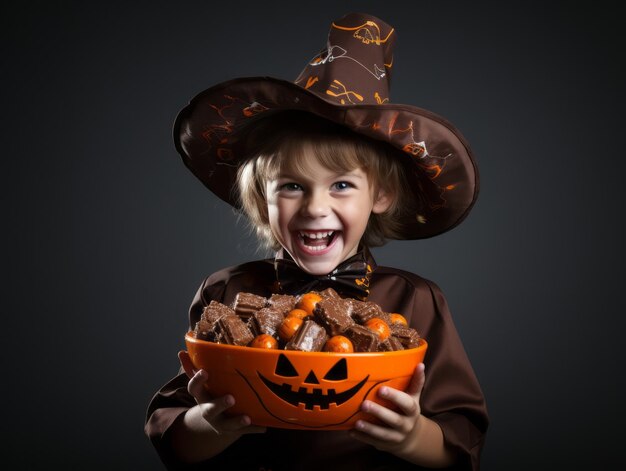 Foto niño disfrazado de halloween sosteniendo un plato de dulces con una sonrisa traviesa